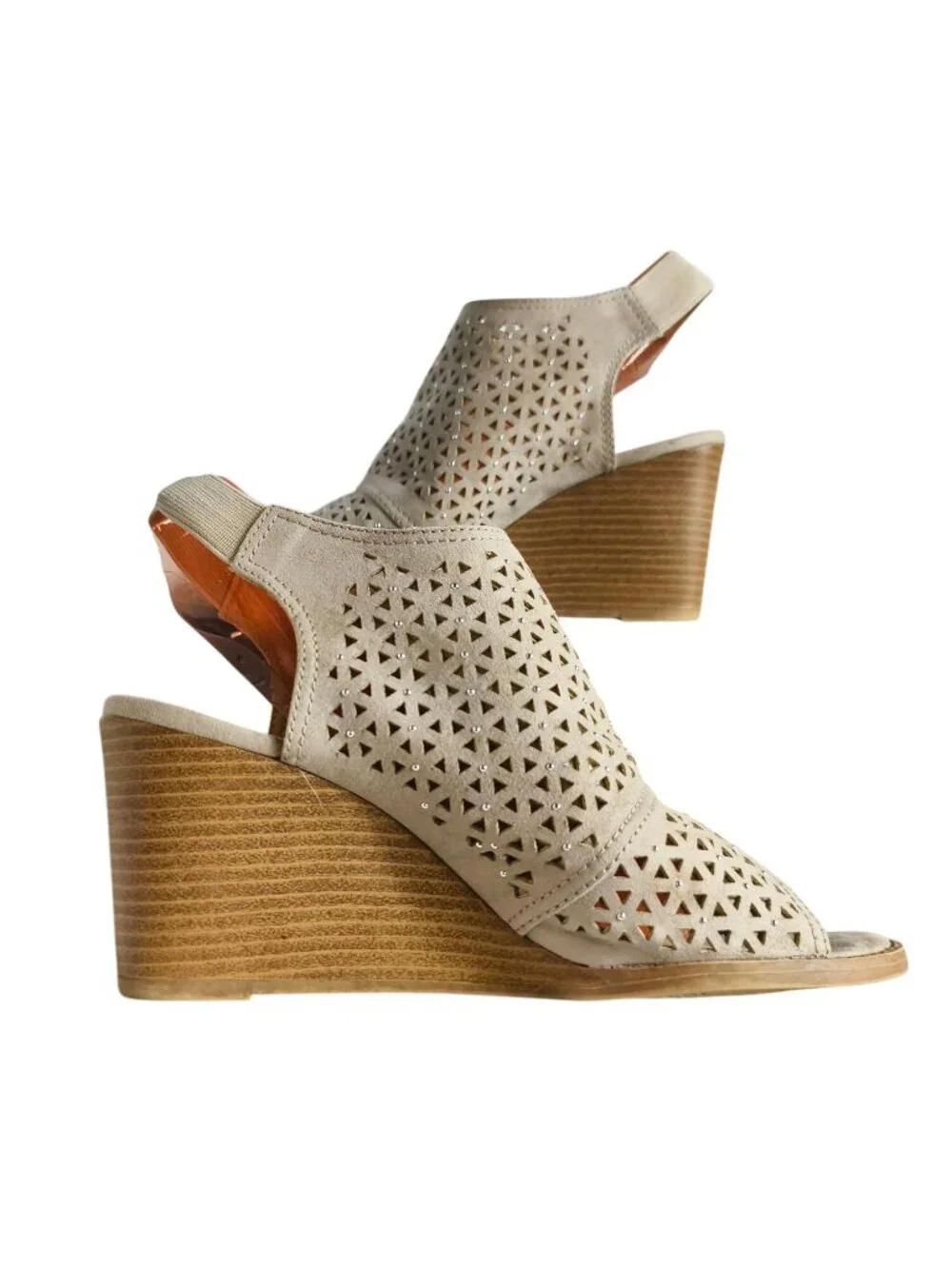 So Womens 9 Wedge Sandals Beige Studded Perforated Slingback Peep Toe 3